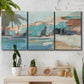 Three-panel canvas wall art featuring coastal shoreline with soft waves, displayed in a boho-chic entryway above a console table.