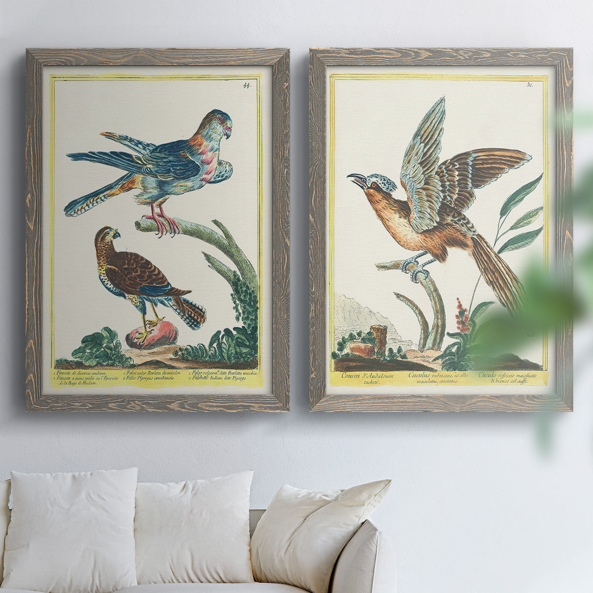 Set of two gray barnwood framed canvas prints depicting soft clustered strokes, hazy edges, and spacious white fields arranged across two complementary compositions above a sofa in a bright living space.
