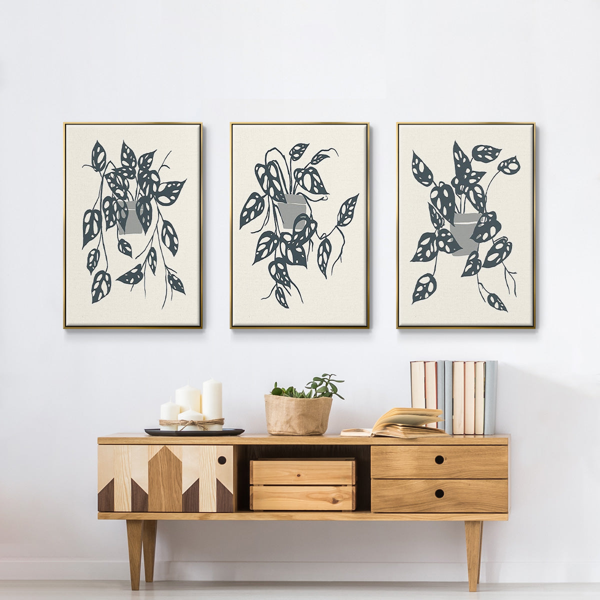 Growing Leaves IV - Framed Premium Gallery Wrapped Canvas L Frame 3 Piece Set - Ready to Hang