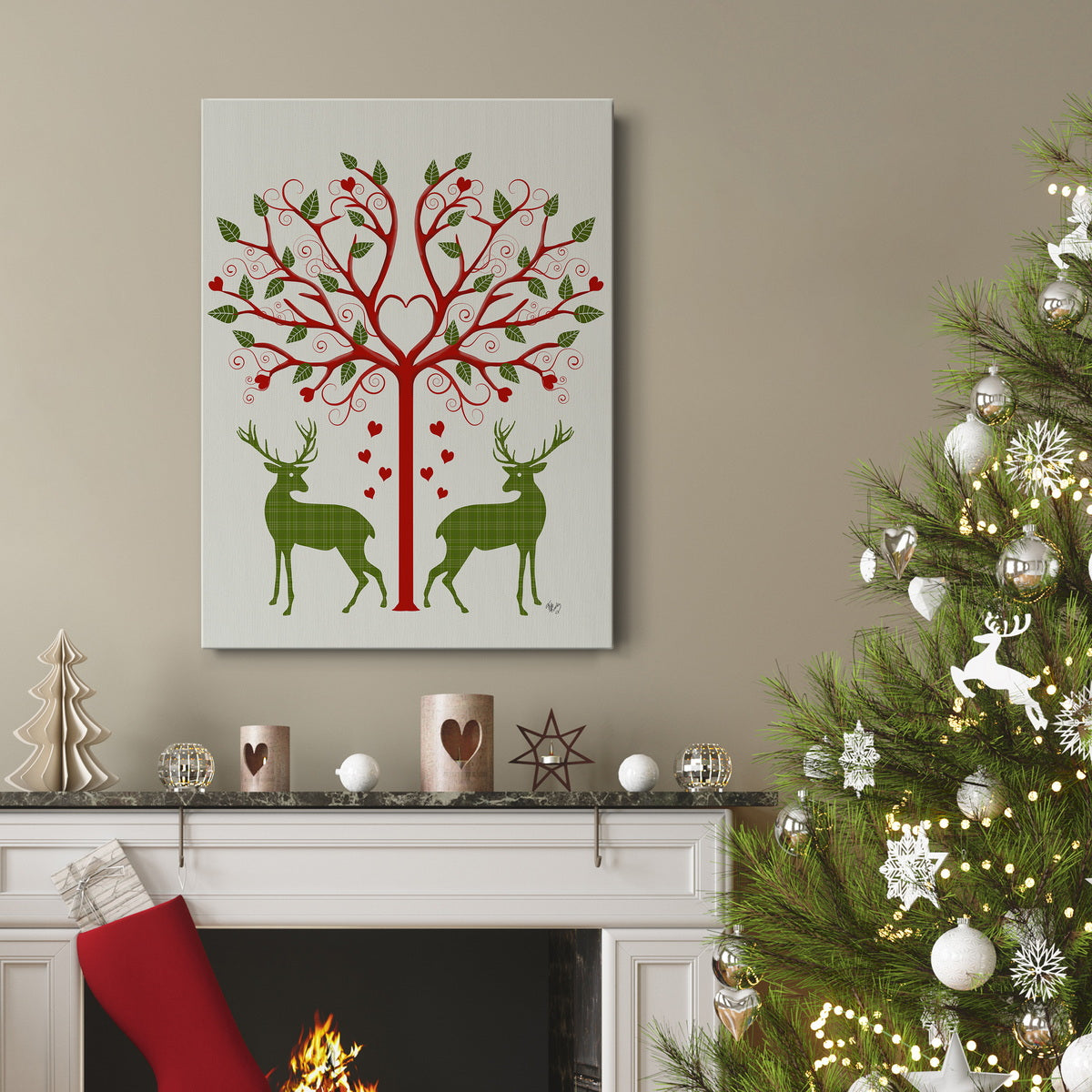 Christmas Des - Deer and Heart Tree, On Cream Premium Gallery Wrapped Canvas - Ready to Hang