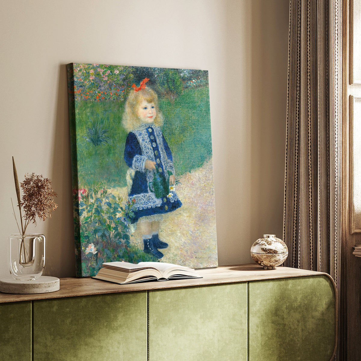 Canvas art print of a child standing outdoors with a watering can and soft natural tones styled in a home decor setting.