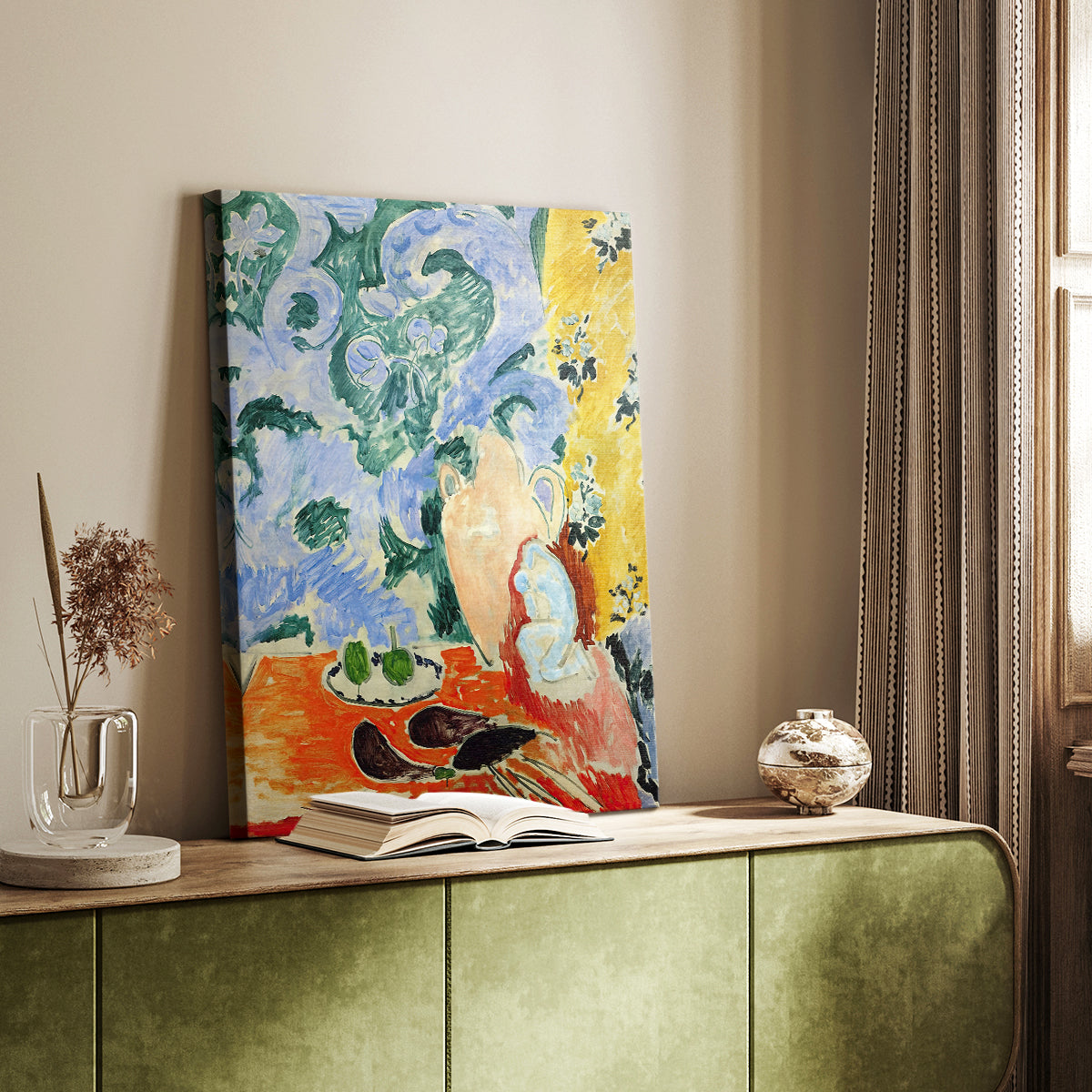 Canvas art print of a stylized arrangement with vegetables and vivid tones styled in a home decor setting.