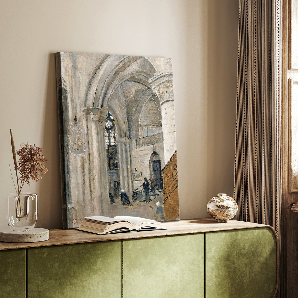 Canvas art print of a Gothic church interior with columns and gentle shadow styled in a home decor setting.