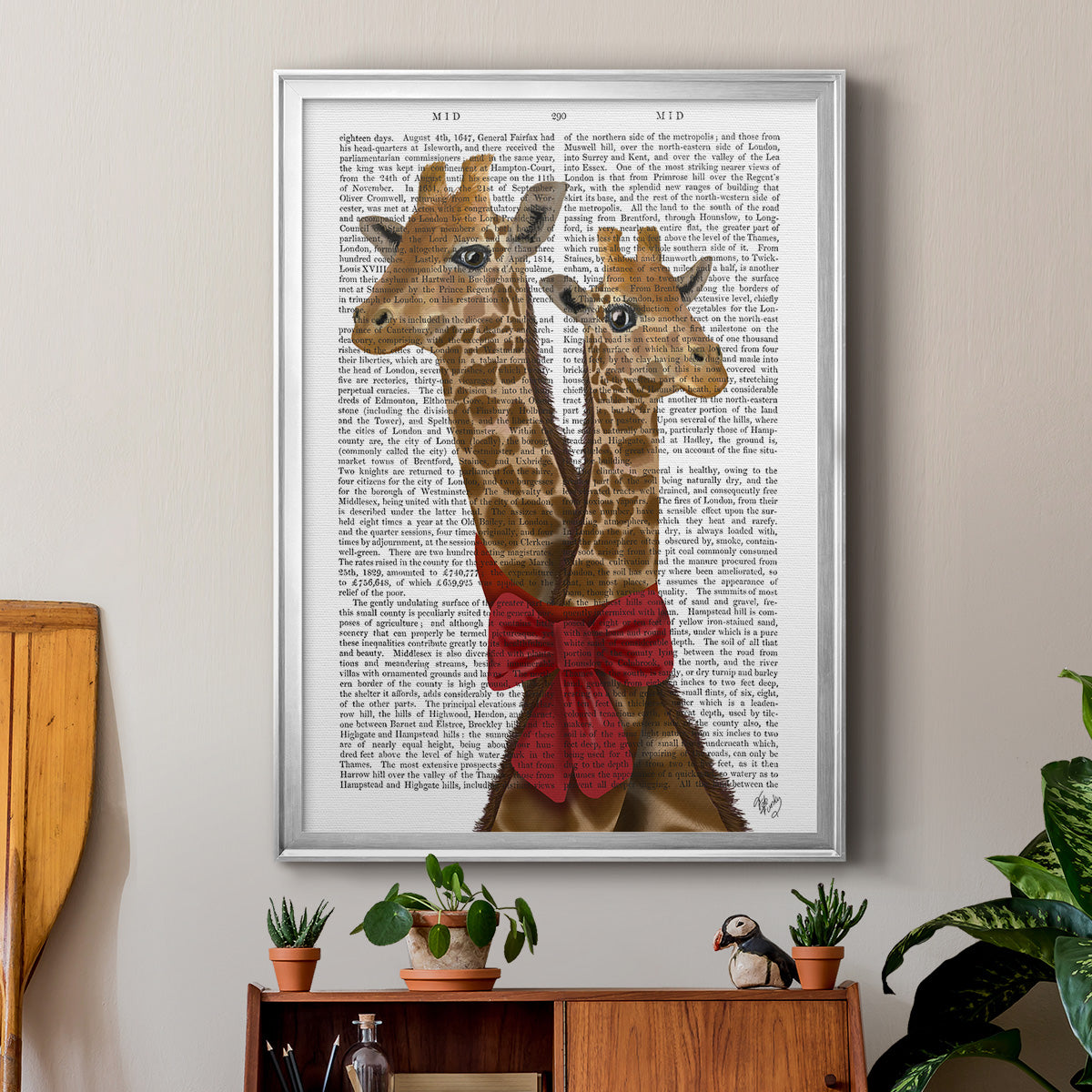 Giraffes and Bow - Modern Framed Canvas Print