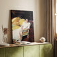 Canvas art print of a relaxed figure in a domestic setting with warm tones styled in a home decor setting.