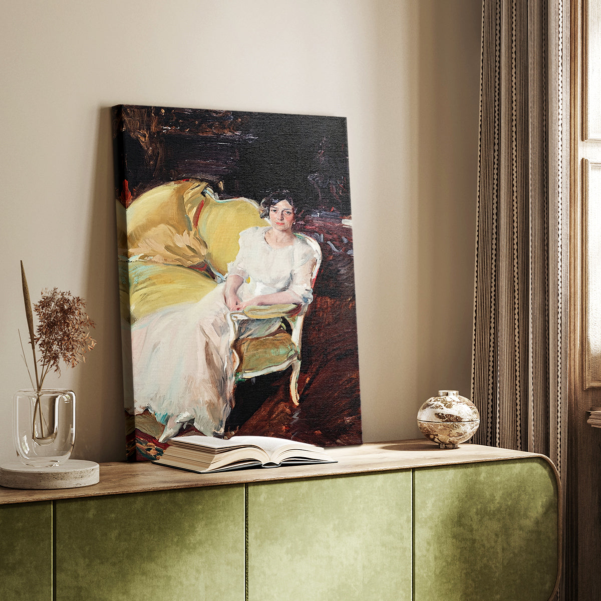 Canvas art print of a relaxed figure in a domestic setting with warm tones styled in a home decor setting.