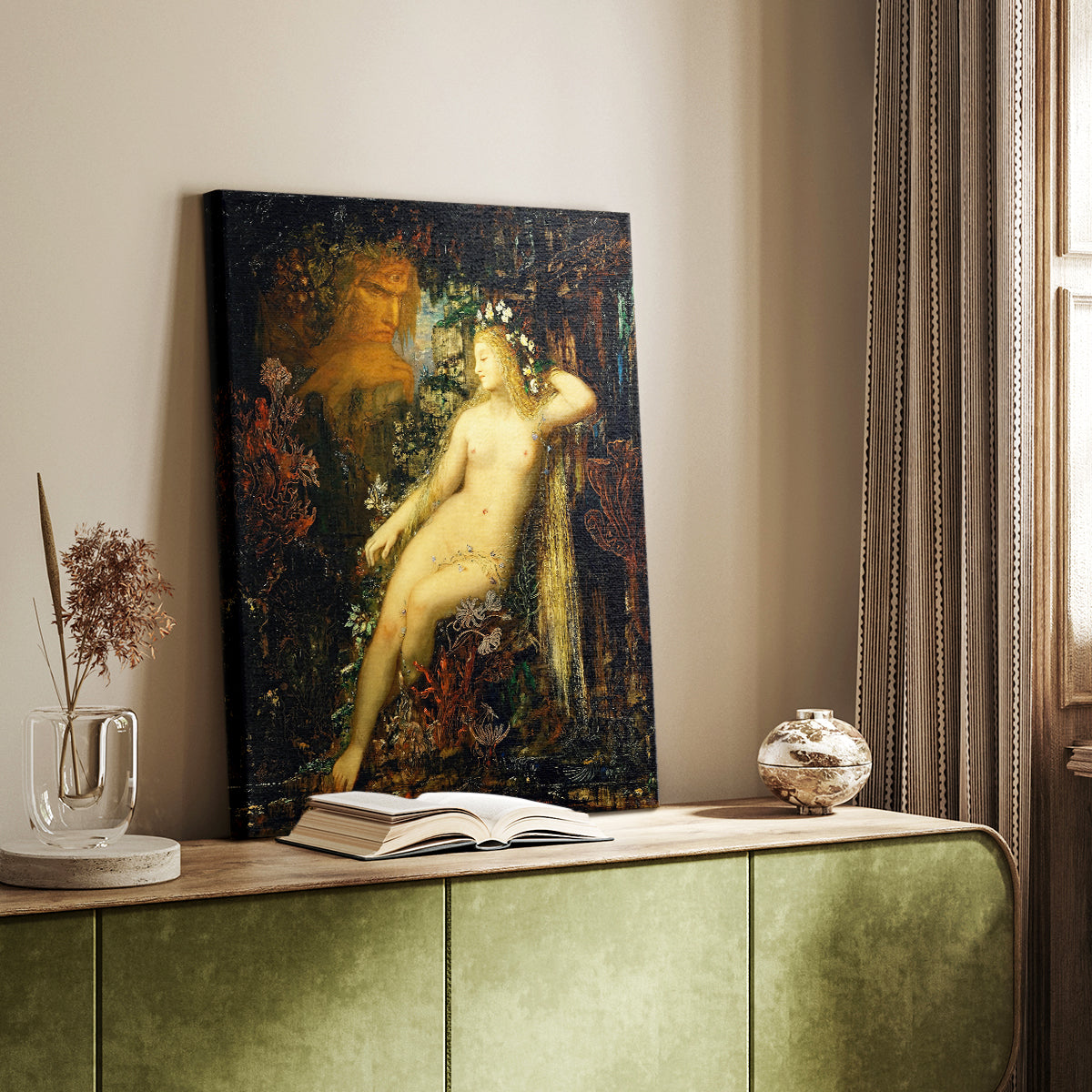 Canvas art print of a mythological figure in a soft coastal setting with rich color styled in a home decor setting.