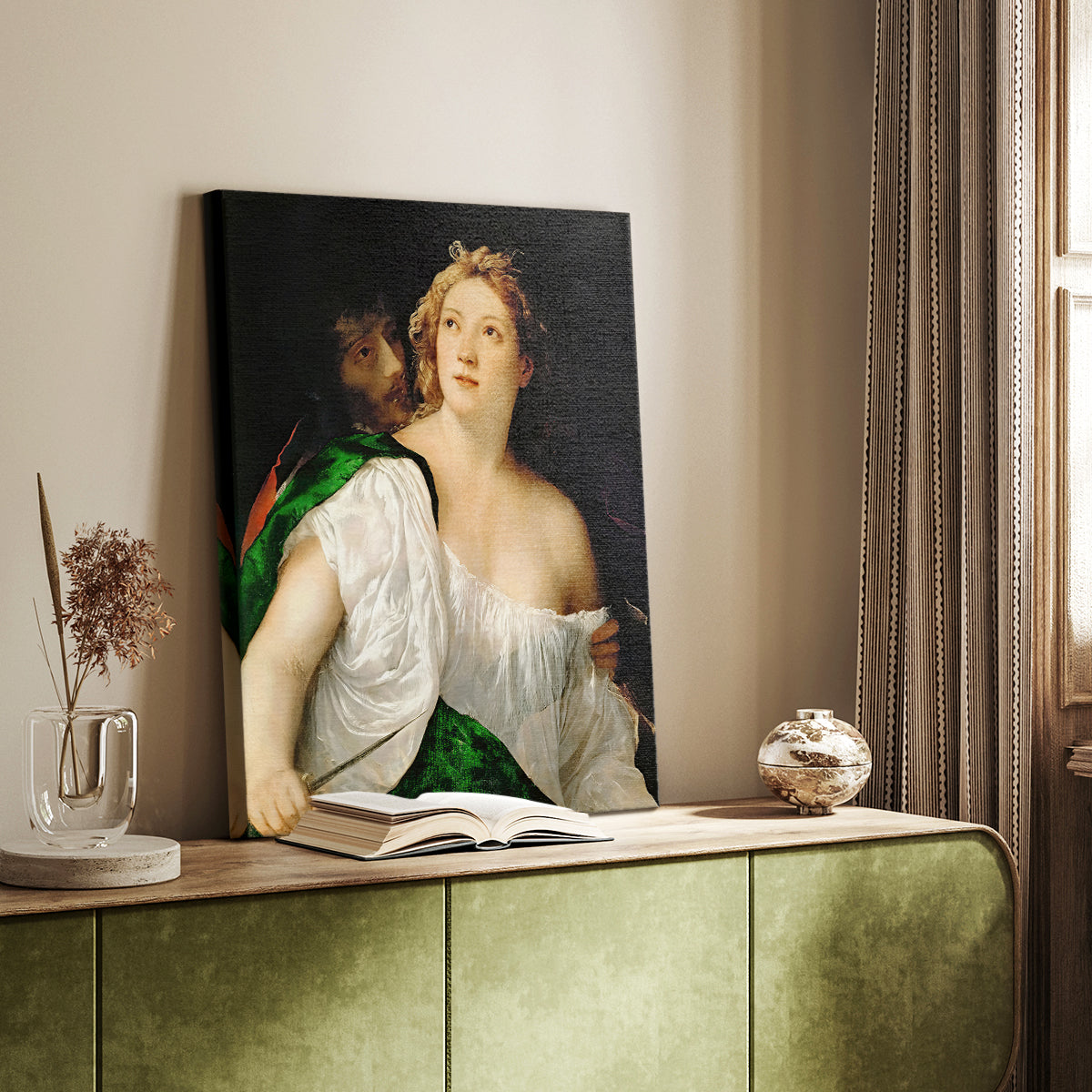 Canvas art print of a narrative composition with figures and soft contrast styled in a home decor setting.