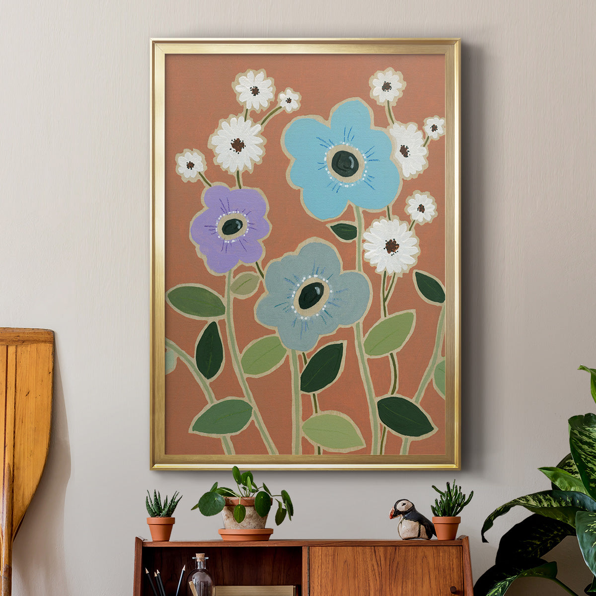 Woodblock Floral IV - Modern Framed Canvas Print