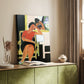 Canvas art print of a seated figure with a book in strong contrast and simple forms styled in a home decor setting.