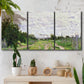 Three-panel canvas wall art featuring spring landscape with blossoming trees, displayed in a boho-chic entryway above a console table.