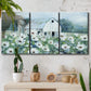 Three-panel canvas wall art featuring pastoral farmland with open fields, displayed in a boho-chic entryway above a console table.