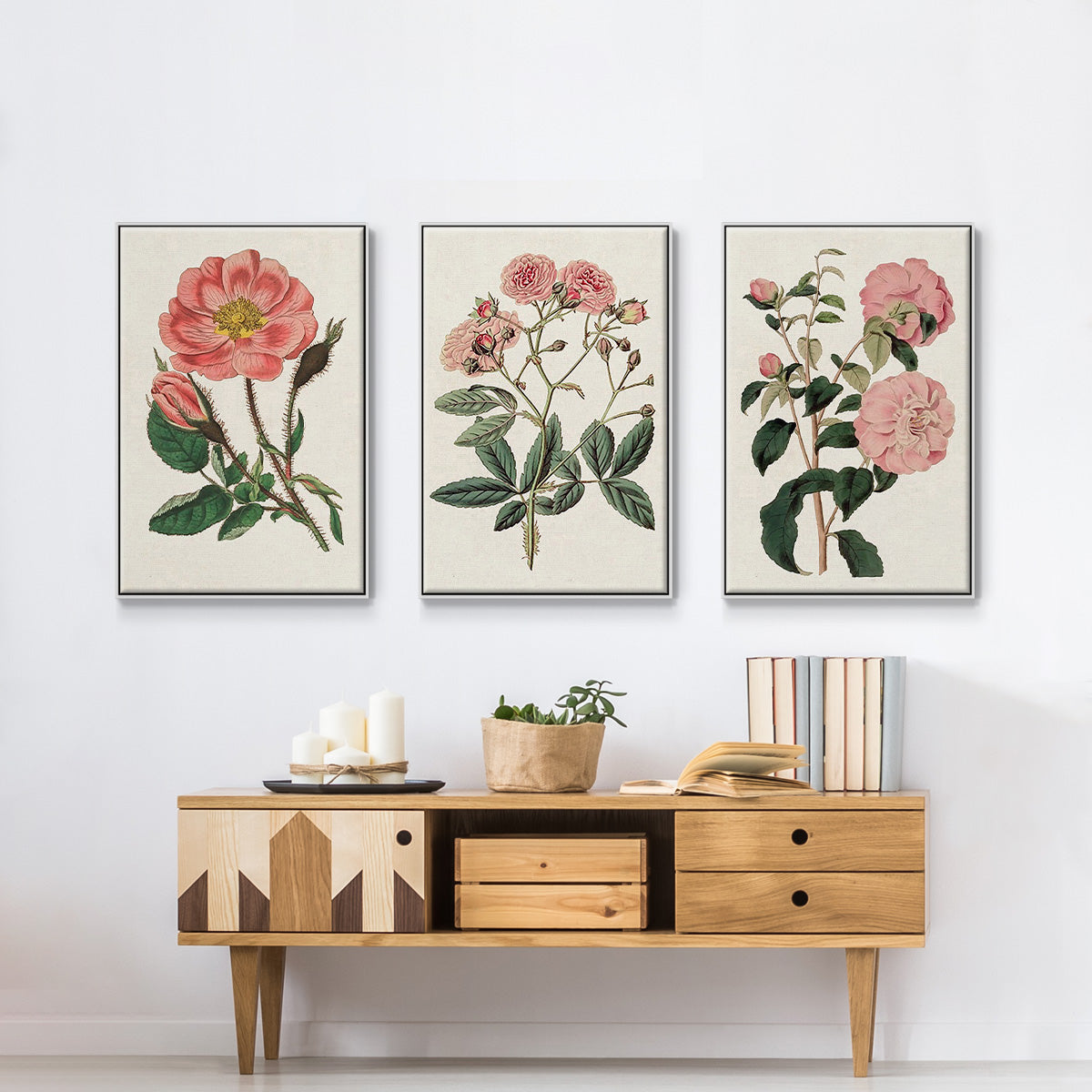 Pink Floral Mix IV - Framed Premium Gallery Wrapped Canvas L Frame 3 Piece Set - Ready to Hang