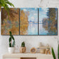 Three-panel canvas wall art featuring autumn landscape with glowing foliage, displayed in a boho-chic entryway above a console table.
