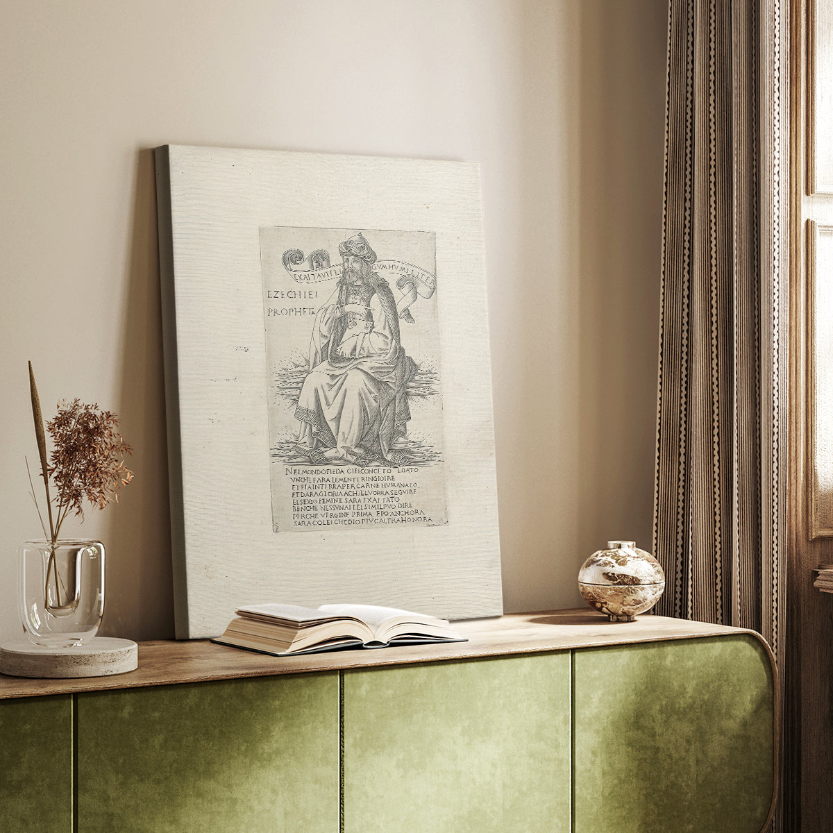 Canvas art print of a classical illustration with etched texture and balanced form styled in a home decor setting.