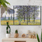 Three-panel canvas wall art featuring sunlight filtering through tall poplars, displayed in a boho-chic entryway above a console table.