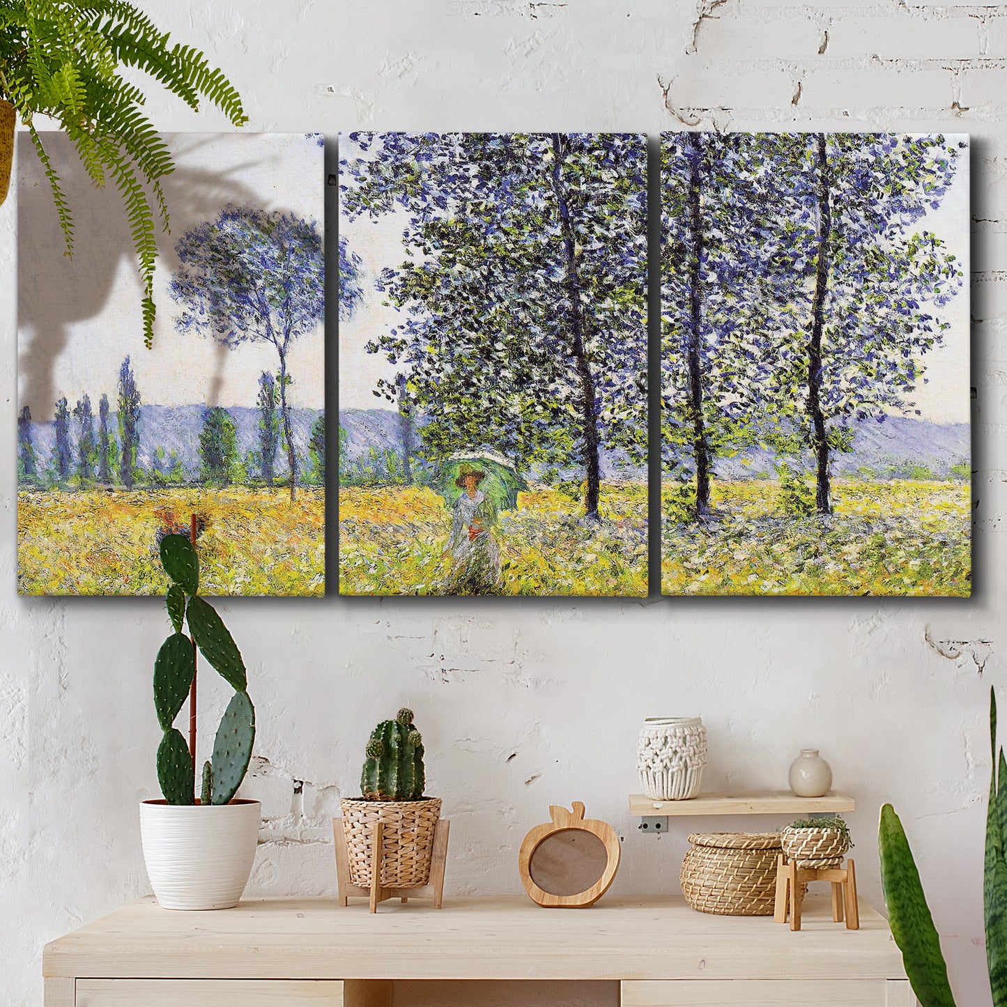 Three-panel canvas wall art featuring sunlight filtering through tall poplars, displayed in a boho-chic entryway above a console table.