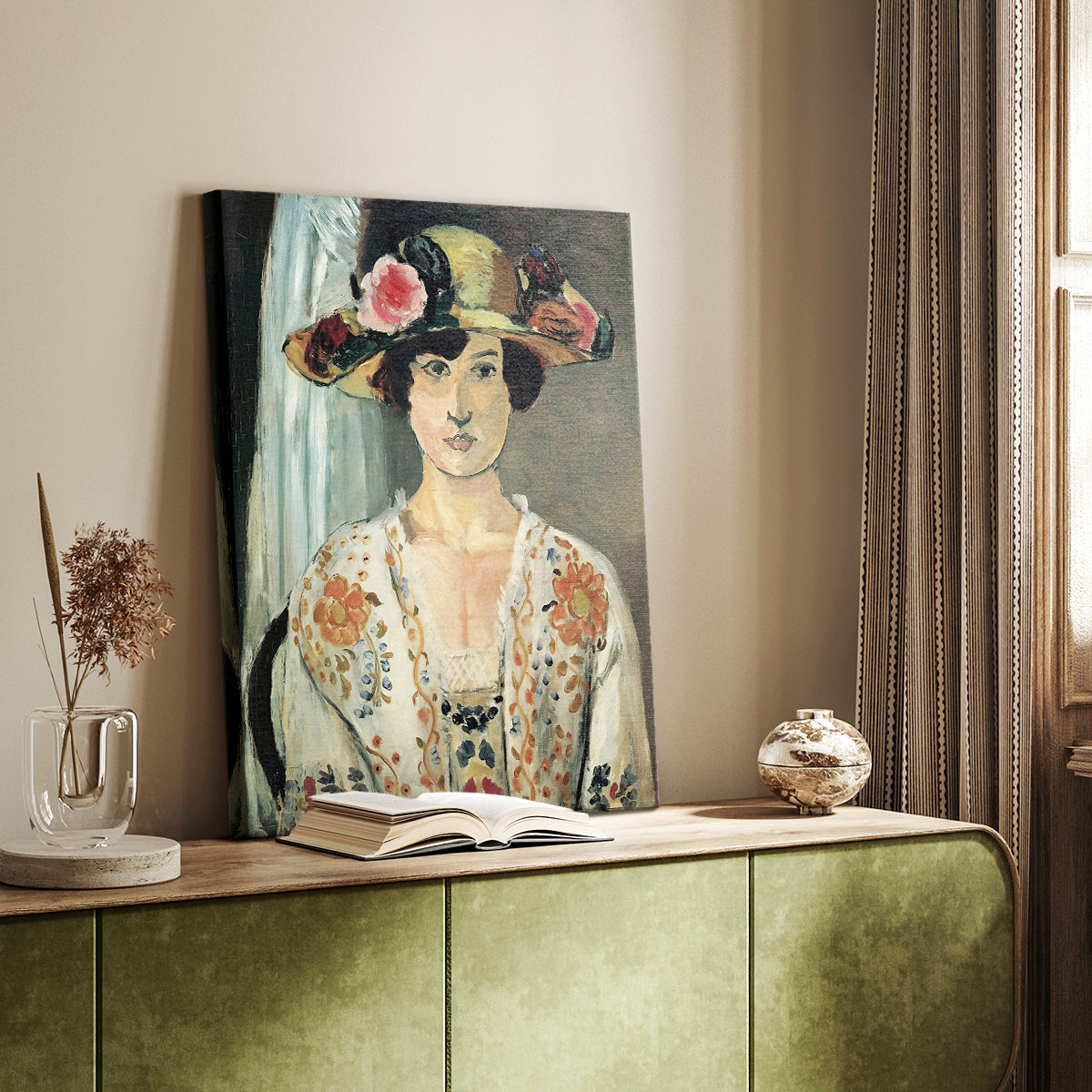 Canvas art print of a stylized face with vibrant tones and textured brushwork styled in a home decor setting.