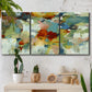 Three-panel canvas wall art featuring celebratory abstract color movement, displayed in a boho-chic entryway above a console table.