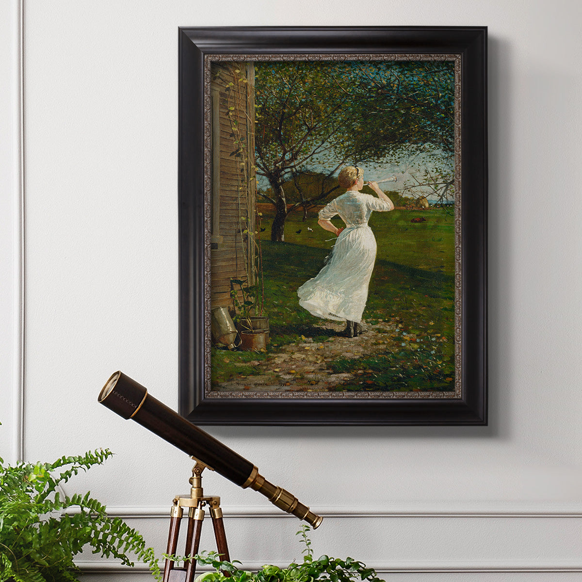 Narrative religious genre scene by Winslow Homer in an ornate black frame with gilded inner detail displayed in a light-toned interior setting.