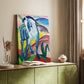 Canvas art print of a stylized animal figure in bold blue tones styled in a home decor setting.