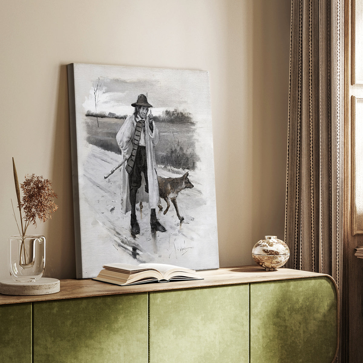 Canvas art print of a theatrical composition with bold gesture and character detail styled in a home decor setting.