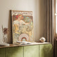 Canvas art print of a vintage advertisement featuring a stylized woman and branding styled in a home decor setting.