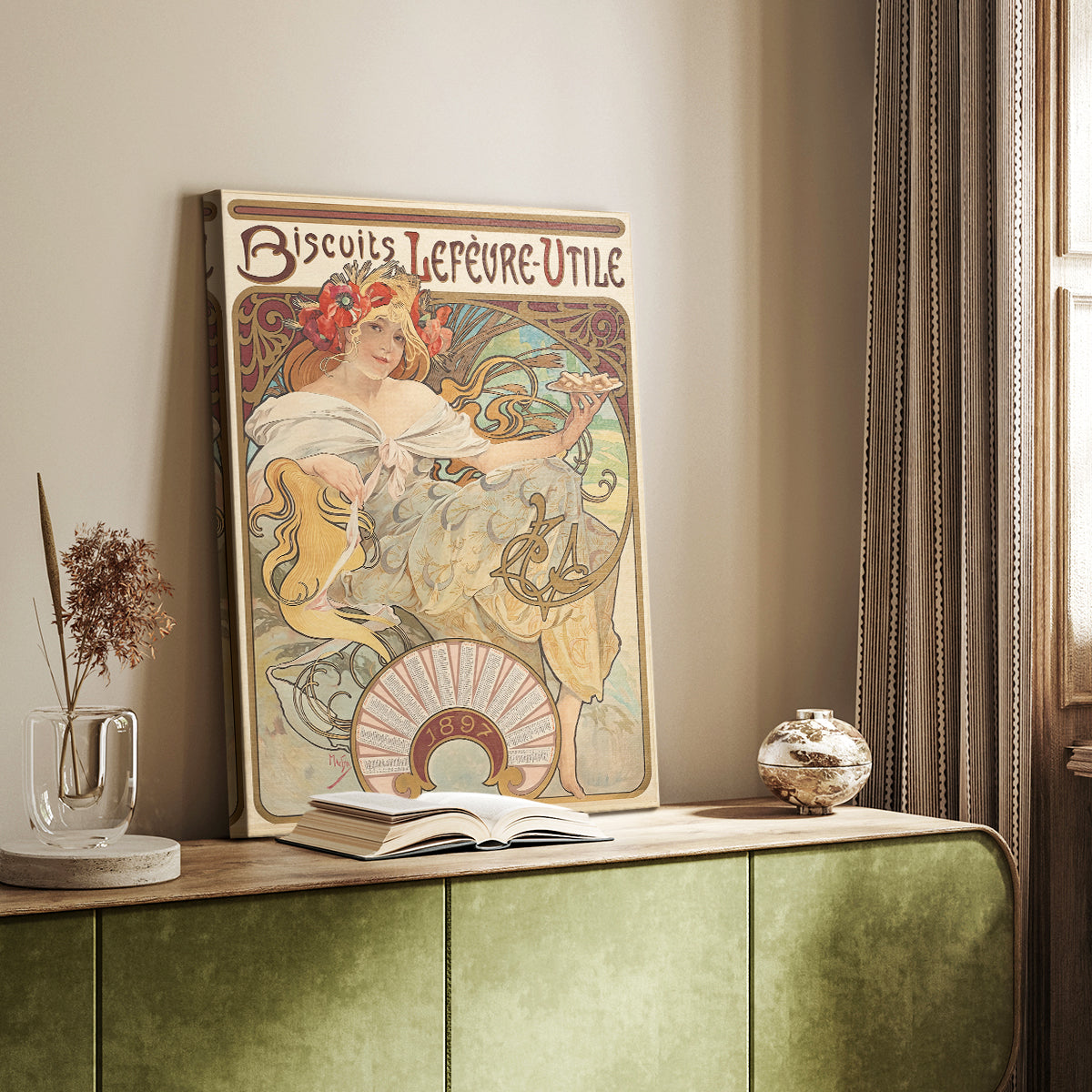 Canvas art print of a vintage advertisement featuring a stylized woman and branding styled in a home decor setting.