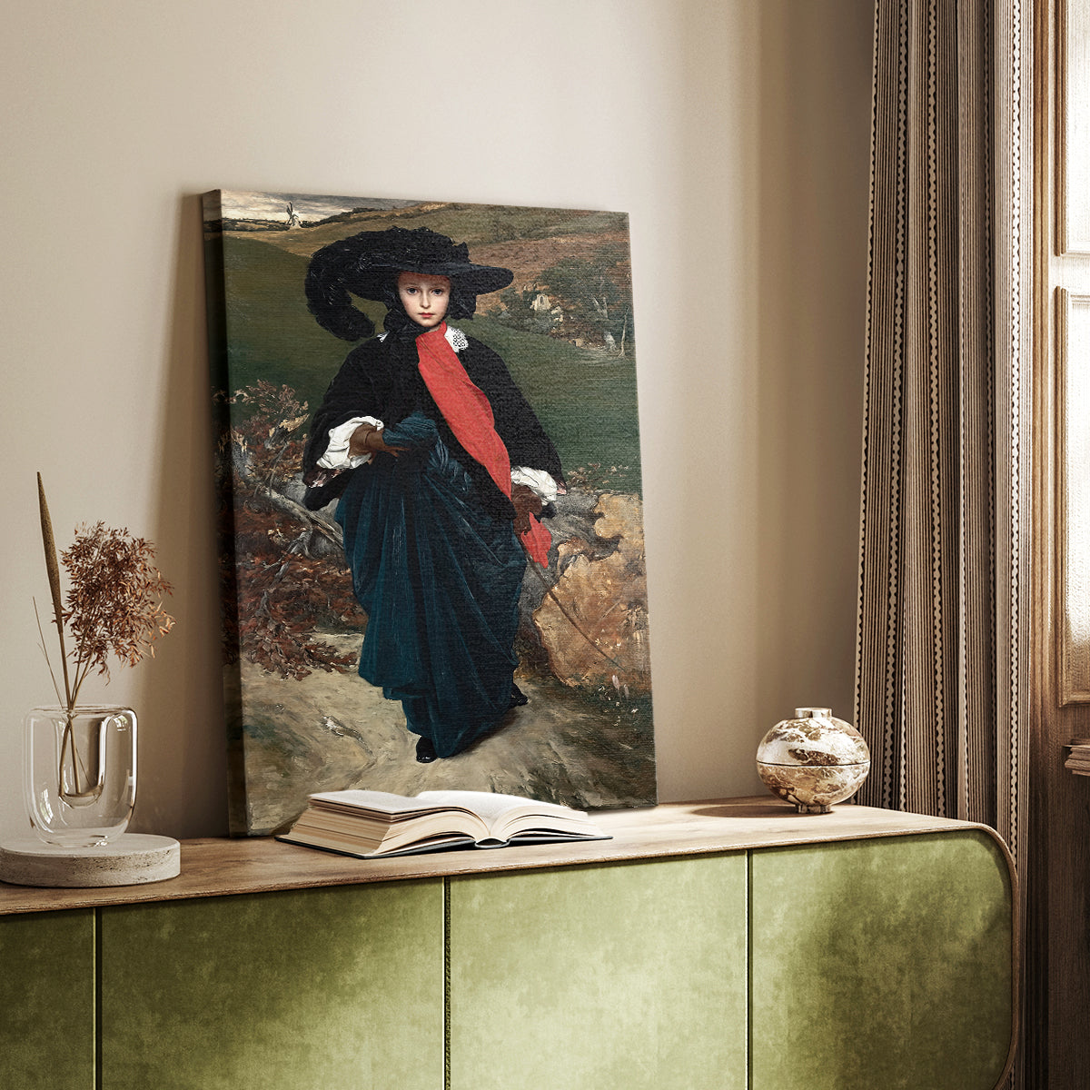 Canvas art print of a poised female figure with flowing fabric and calm expression styled in a home decor setting.