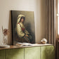 Canvas art print of a figure in simple clothing with soft light and earthy colors styled in a home decor setting.