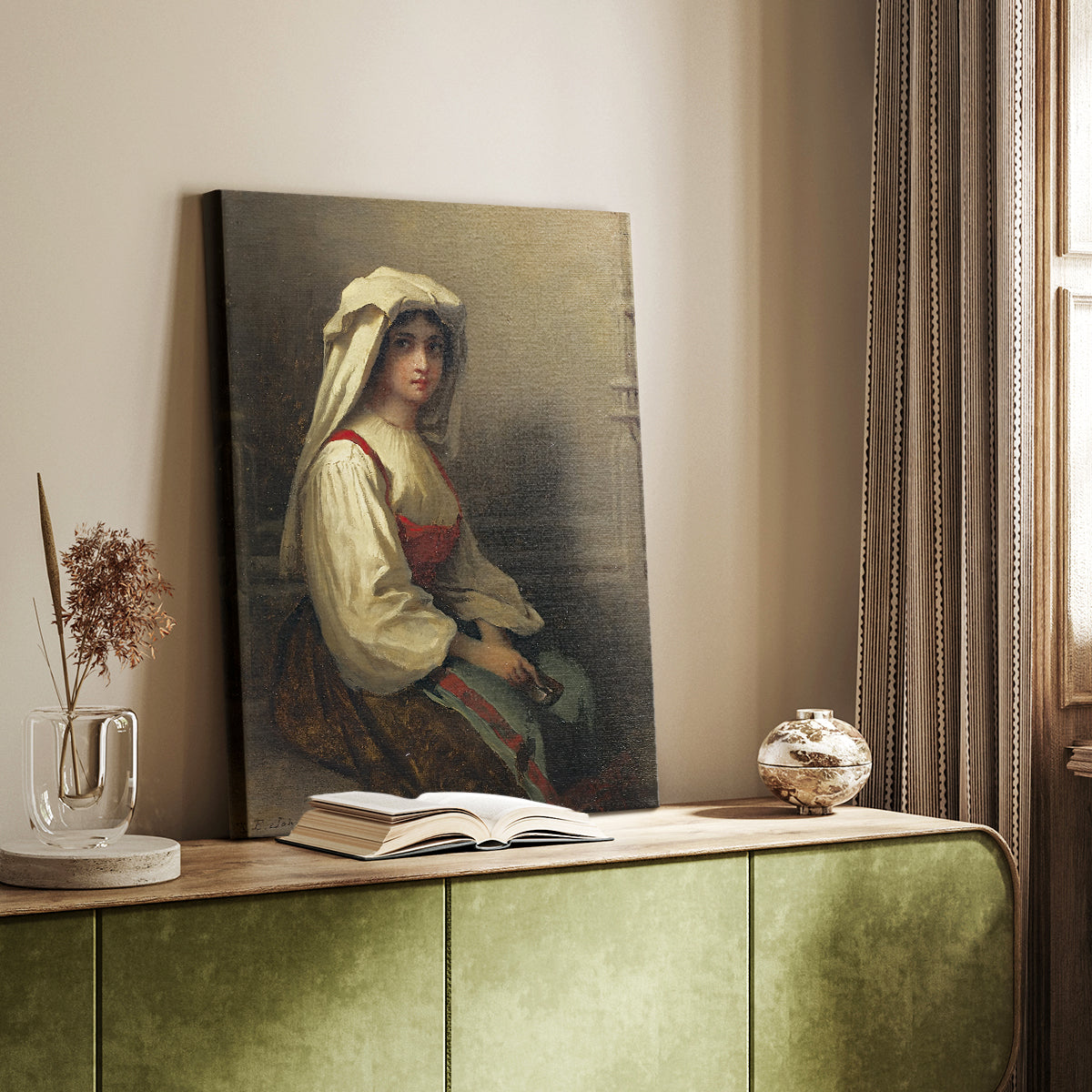 Canvas art print of a figure in simple clothing with soft light and earthy colors styled in a home decor setting.