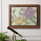 Contemporary peony flower illustration in an ornate vintage burl wood frame displayed in a light-toned interior setting.