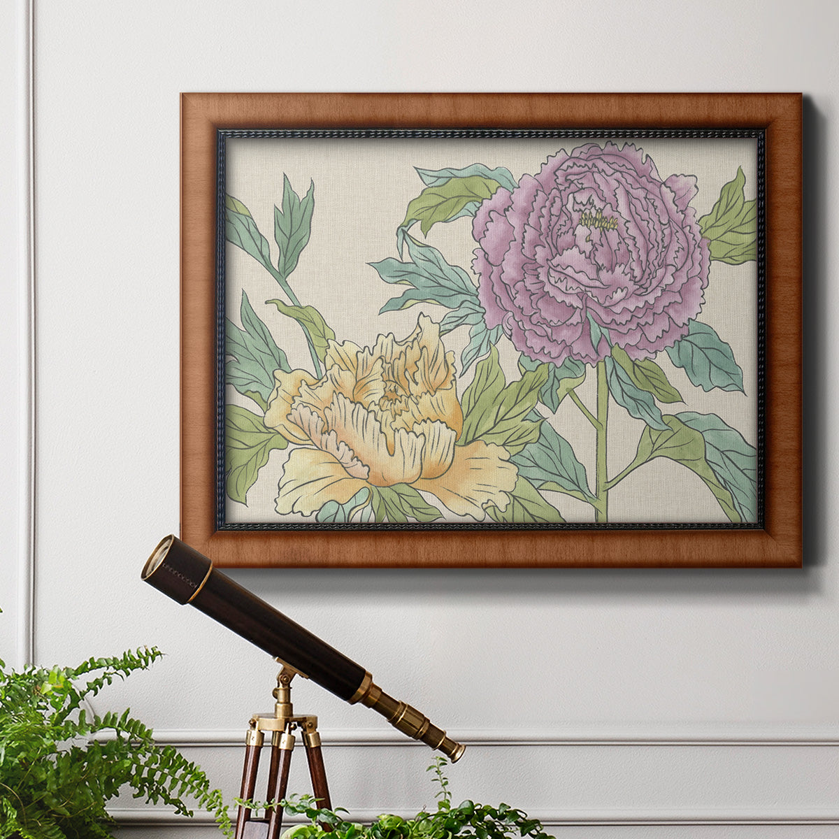 Contemporary peony flower illustration in an ornate vintage burl wood frame displayed in a light-toned interior setting.
