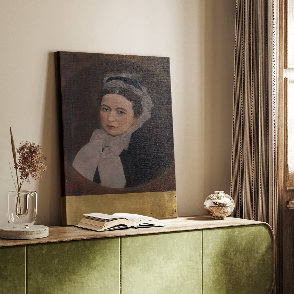 Canvas art print of a composed female figure with elegant clothing and gentle light styled in a home decor setting.