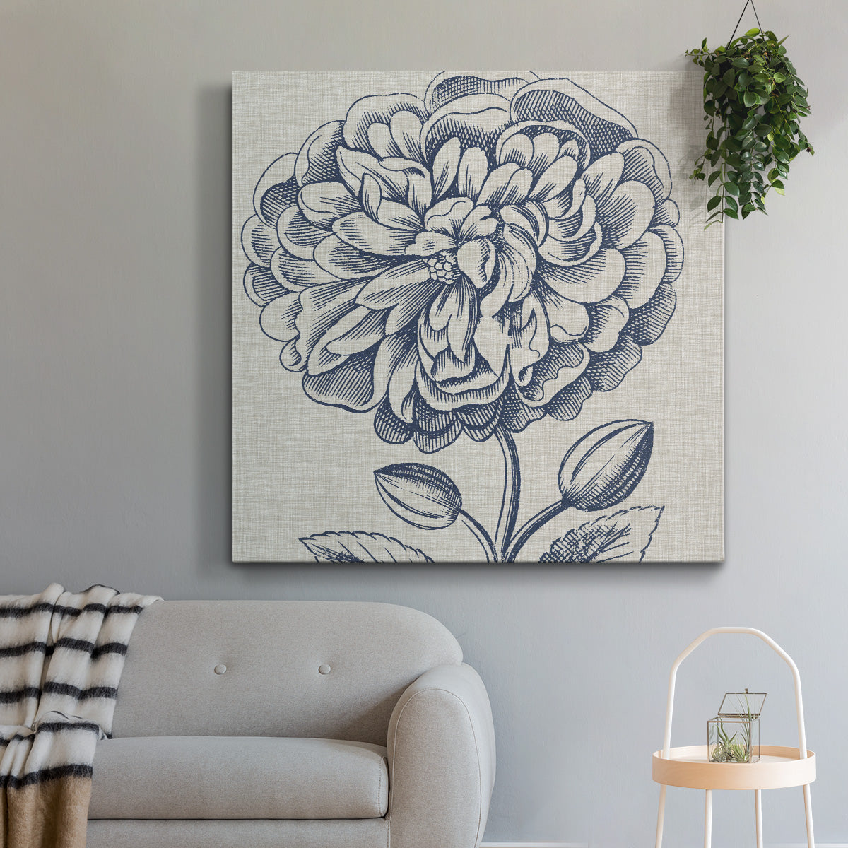 Indigo Floral on Linen III - Canvas Art Print