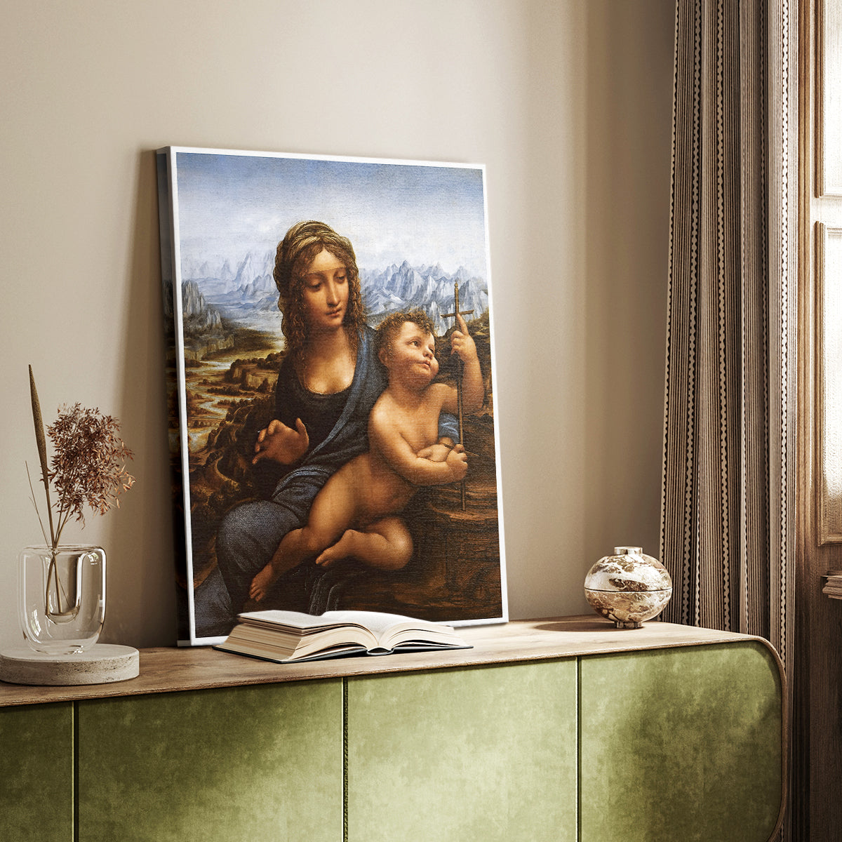 Canvas art print of a gentle composition with figures and natural background styled in a home decor setting.