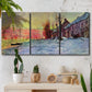 Three-panel canvas wall art featuring river view beneath cloudy sky, displayed in a boho-chic entryway above a console table.