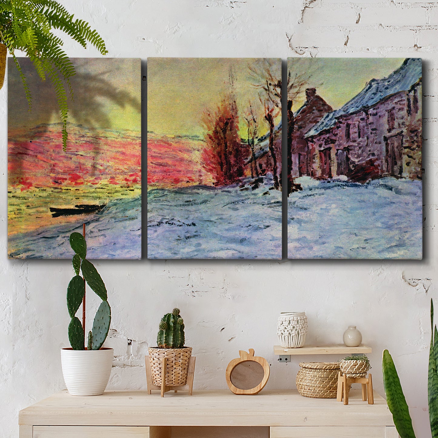 Three-panel canvas wall art featuring river view beneath cloudy sky, displayed in a boho-chic entryway above a console table.