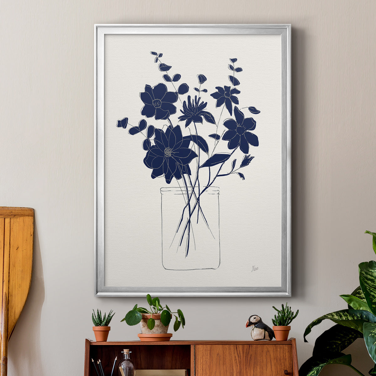 Indigo Sketch Bouquet II - Modern Framed Canvas Print
