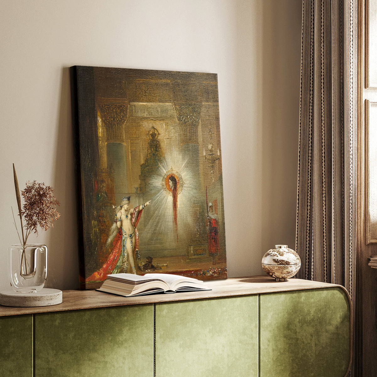 Canvas art print of a mystical composition with strong light and dark contrast styled in a home decor setting.