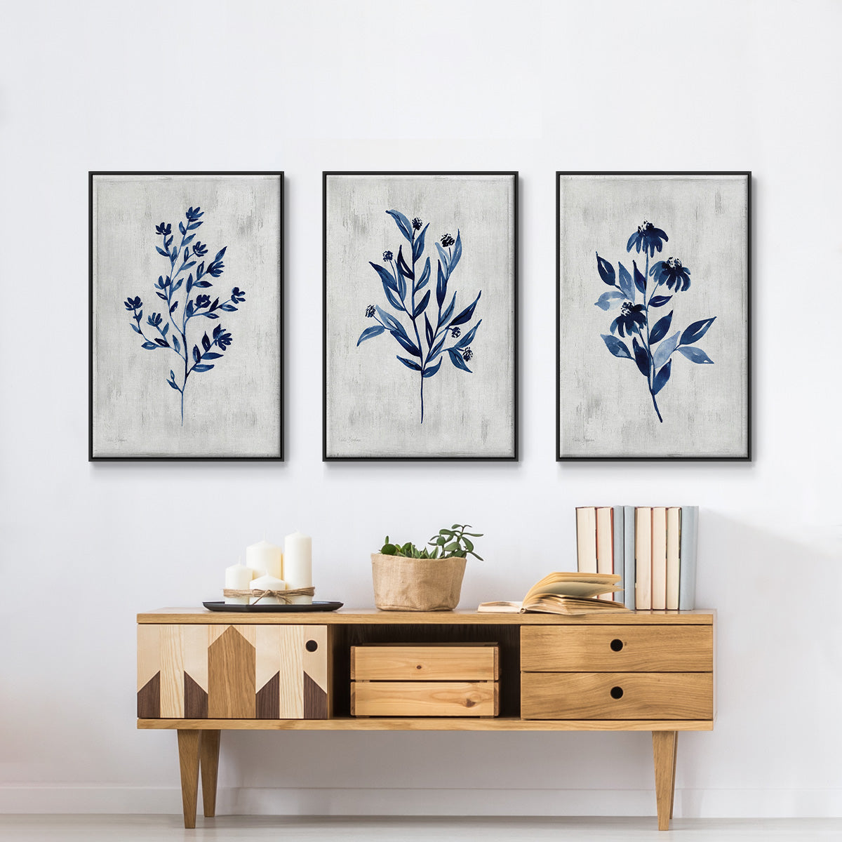 Wild Indigo I - Framed Premium Gallery Wrapped Canvas L Frame 3 Piece Set - Ready to Hang