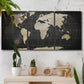 Three-panel canvas wall art featuring antique world map illustration, displayed in a boho-chic entryway above a console table.