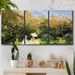 Three-panel canvas wall art featuring lush garden landscape with trees, displayed in a boho-chic entryway above a console table.