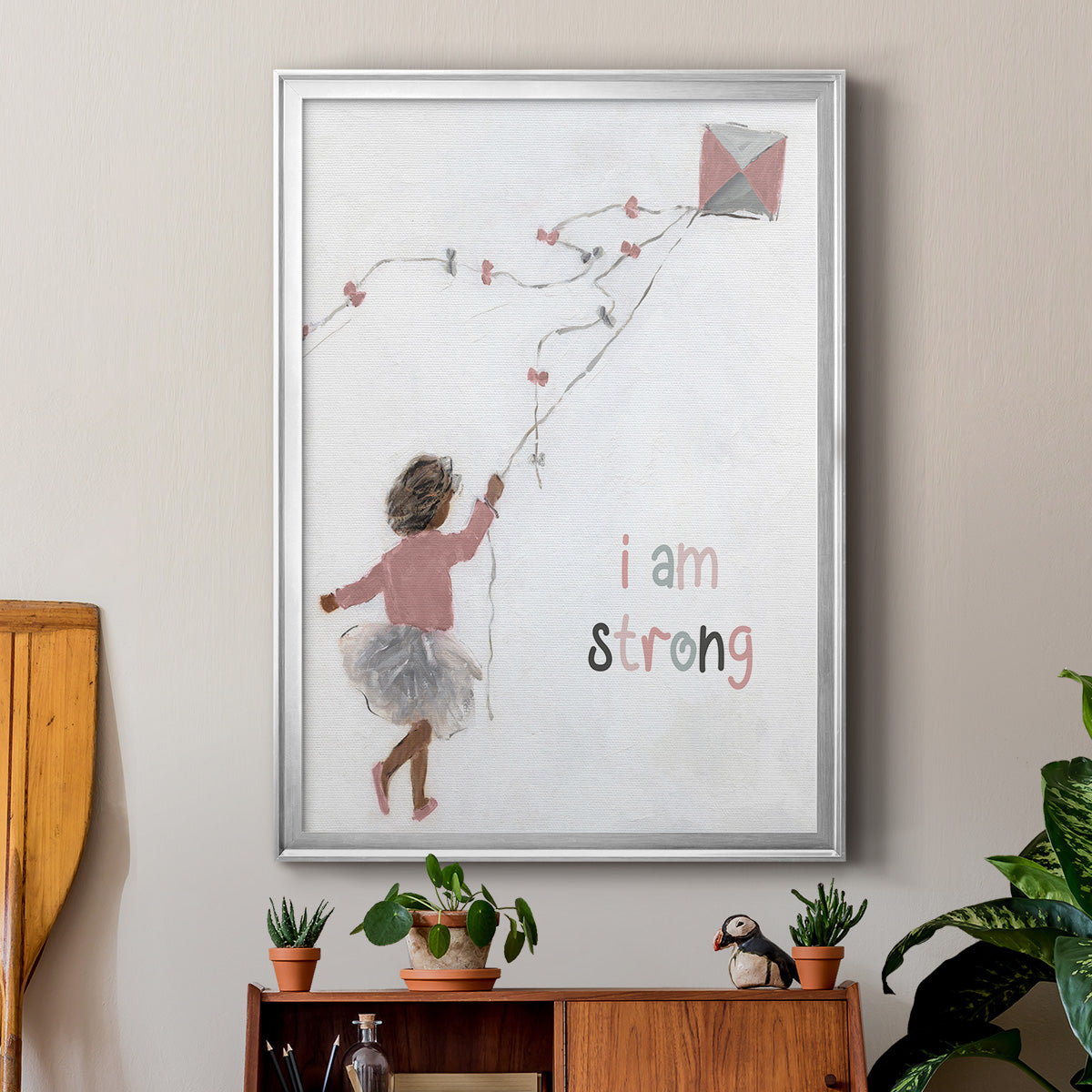 Girl Flying Kite - Modern Framed Canvas Print