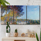 Three-panel canvas wall art featuring autumn poplar trees along river, displayed in a boho-chic entryway above a console table.