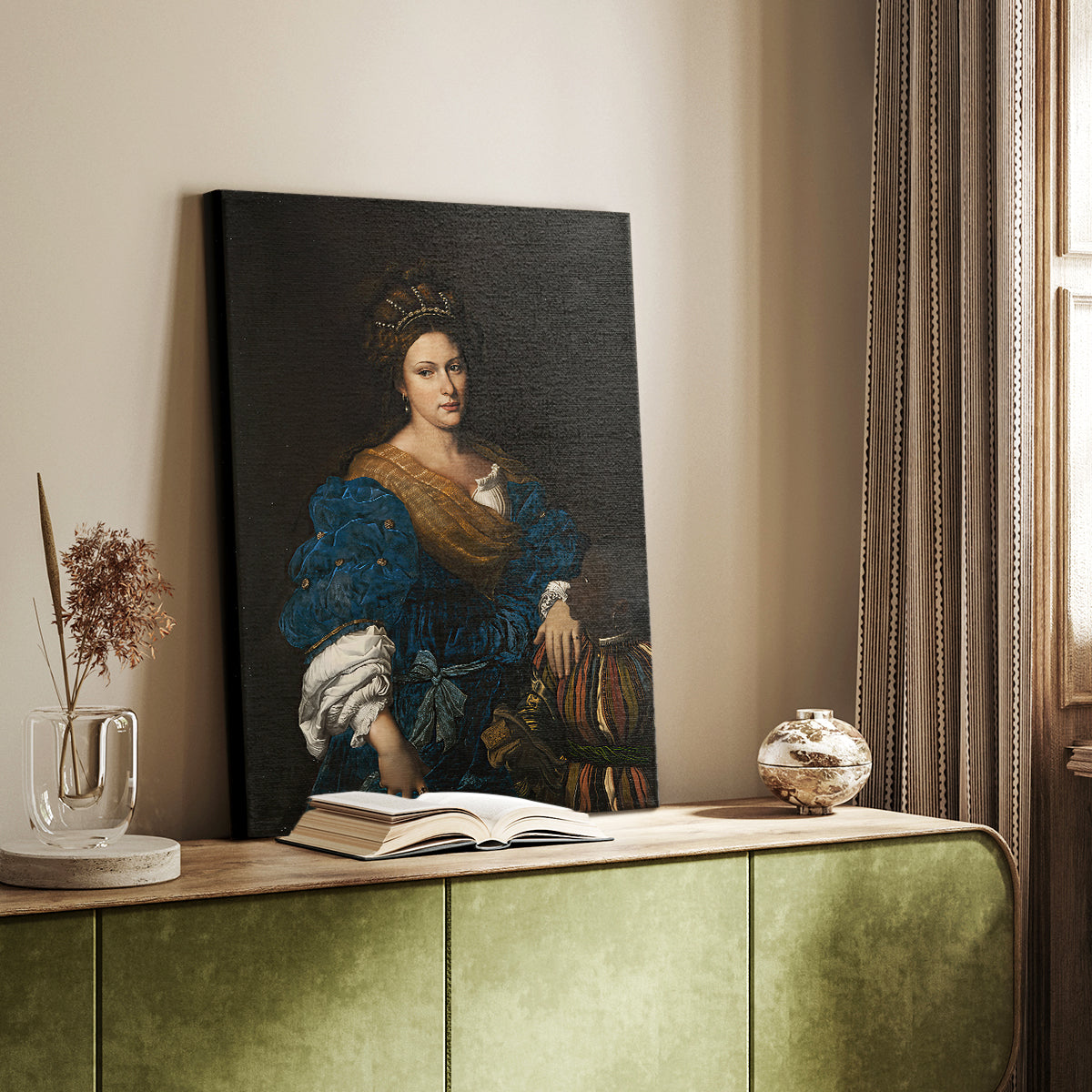 Canvas art print of a composed scene with two figures and soft tones styled in a home decor setting.