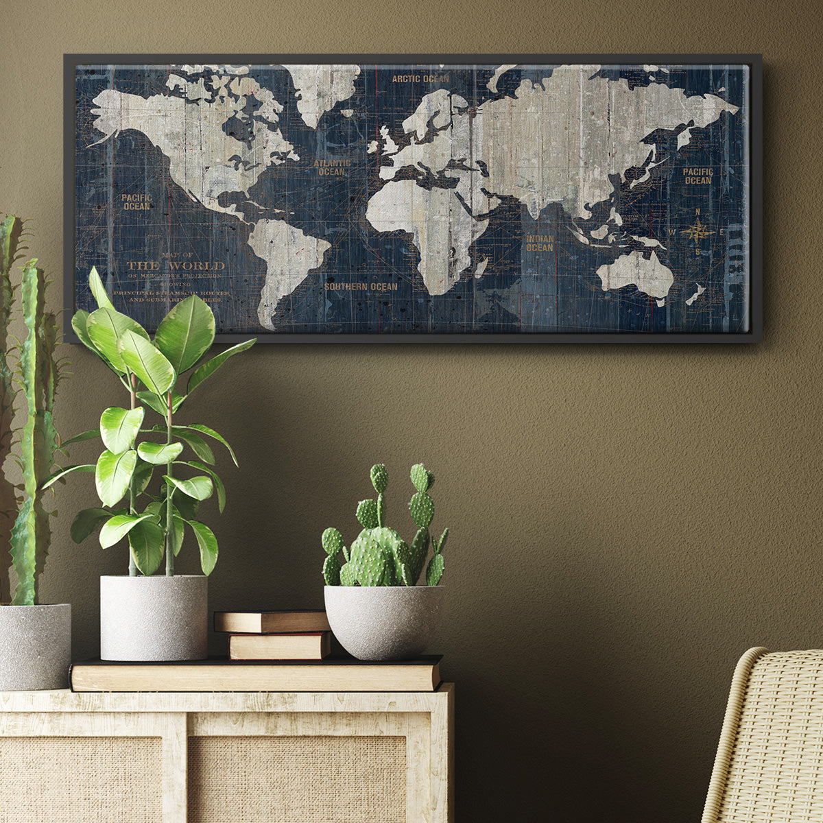 Old World Map Blue - Floater Framed Canvas Print