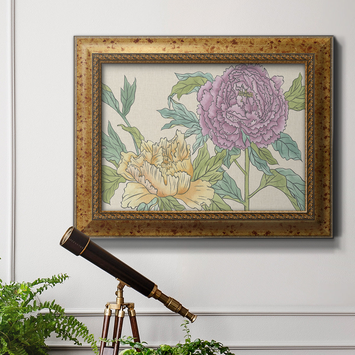 Contemporary peony flower illustration in an ornate vintage gold frame displayed in a light-toned interior setting.