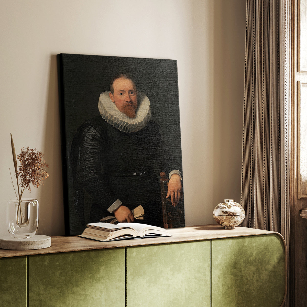 Canvas art print of a formal portrait of a man with elegant clothing and subtle shadows styled in a home decor setting.