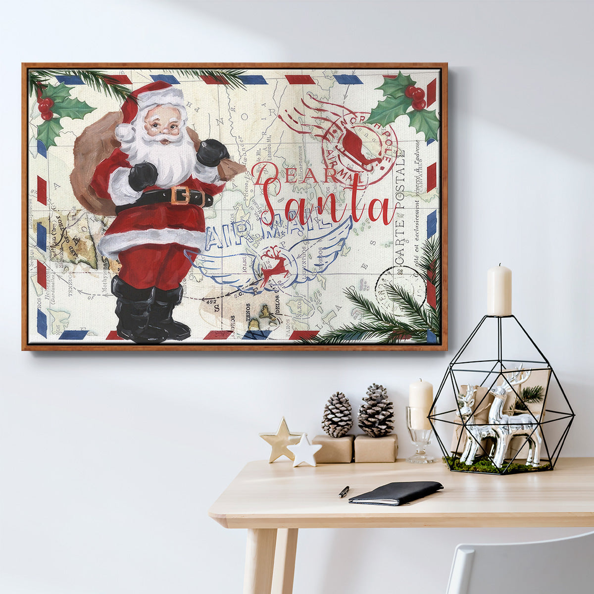 Christmas Par Avion Collection A - Framed Gallery Wrapped Canvas in Floating Frame